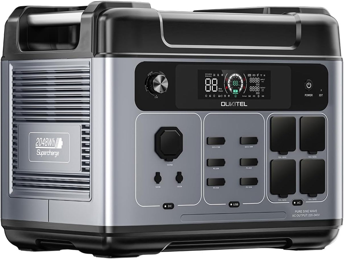 OKITECH Powerstation, 2048 Wh, 2400 W, 230 V, Mehrfarbig, OUKITEL P2001 Plus Tragbare Energiestation, mit Schutzhülle