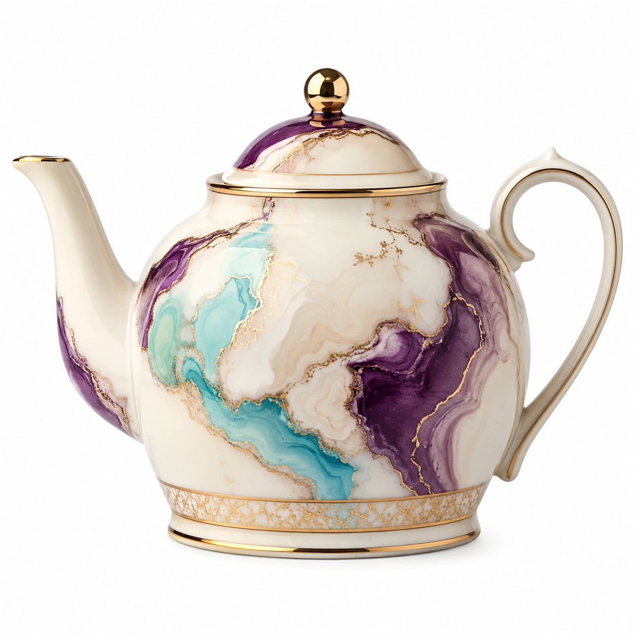 Elegante Teekanne in Marmoroptik, Lila/Türkis/Gold, 1200ml