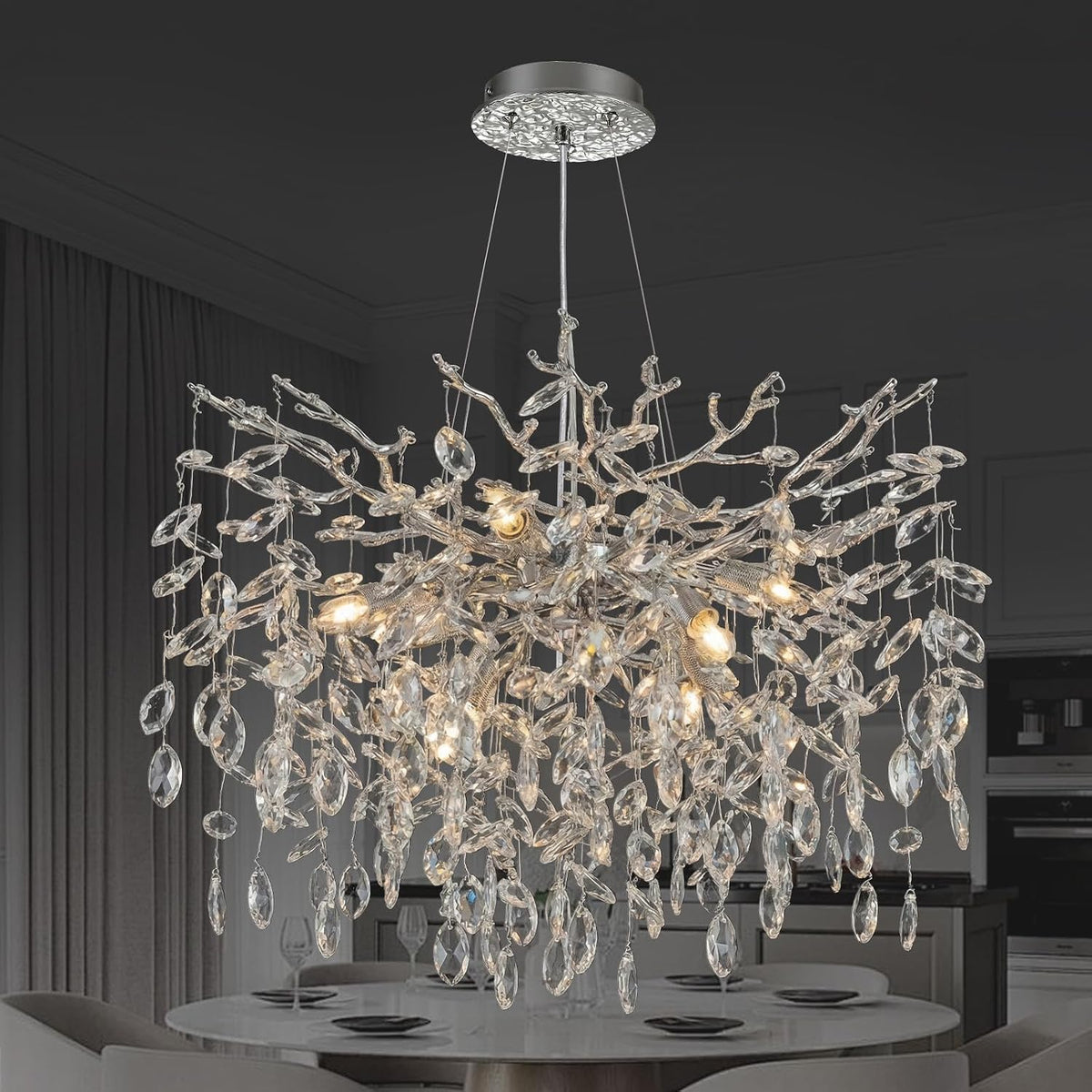 PIOUTNF Kronleuchter, Silber, Modern Kristall, Luxus Raindrop Pendelleuchte, D61 cm Kristall Hängeleuchte Light Fixture