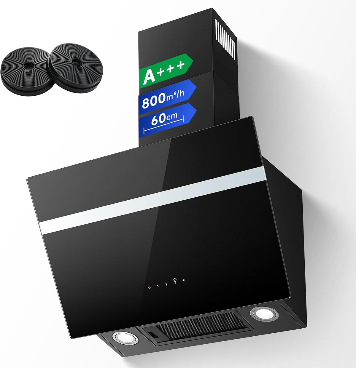 TopStrong Dunstabzugshaube, 800 m, 60 cm, Schwarz, ³/h Abzugshaube Umluft/Abluft mit Aktivkohlefilter, A+++, Leise Kopffreihaube mit LED-Beleuchtung