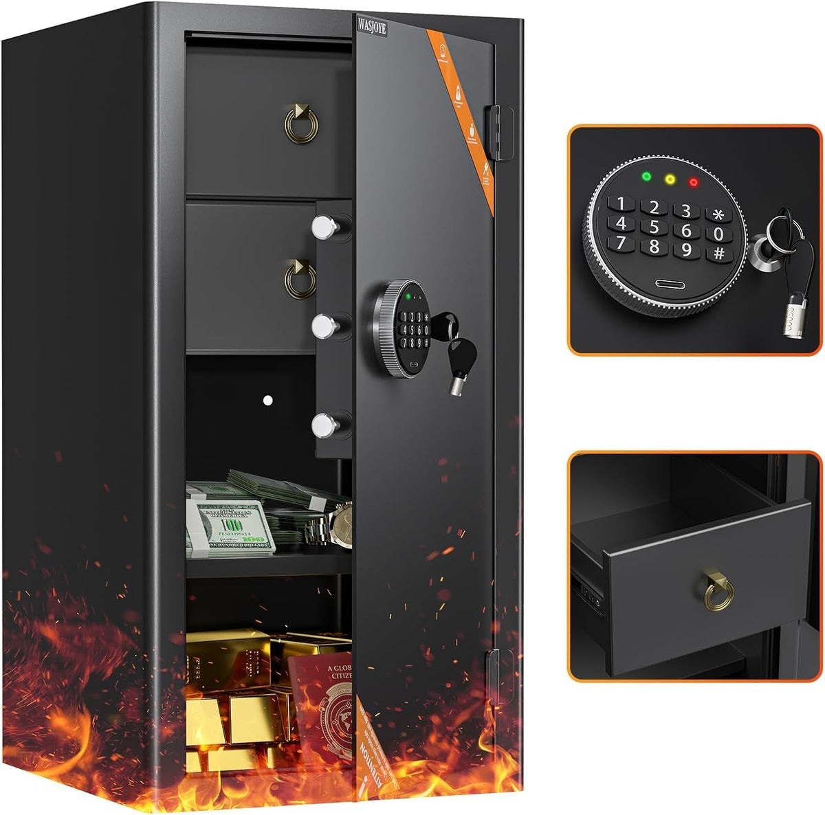 WASJOYE Laptop, 70 cm, 103 L, Schwarz, Tresor Feuerfest mit Schublade, Möbeltresor, Schrank Tresor Wandtresor für Bargeld