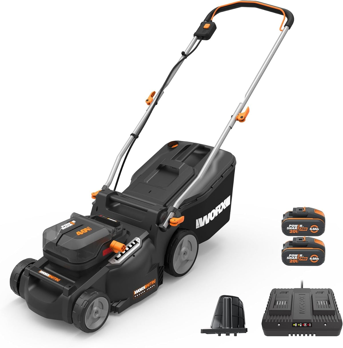 WORX Rasenmäher, 37 cm, 70 mm, 40 V, 40 L, Schwarz/Orange, WG737E Nitro Akku- (2x20 V) - leistungsstarke bürstenloser