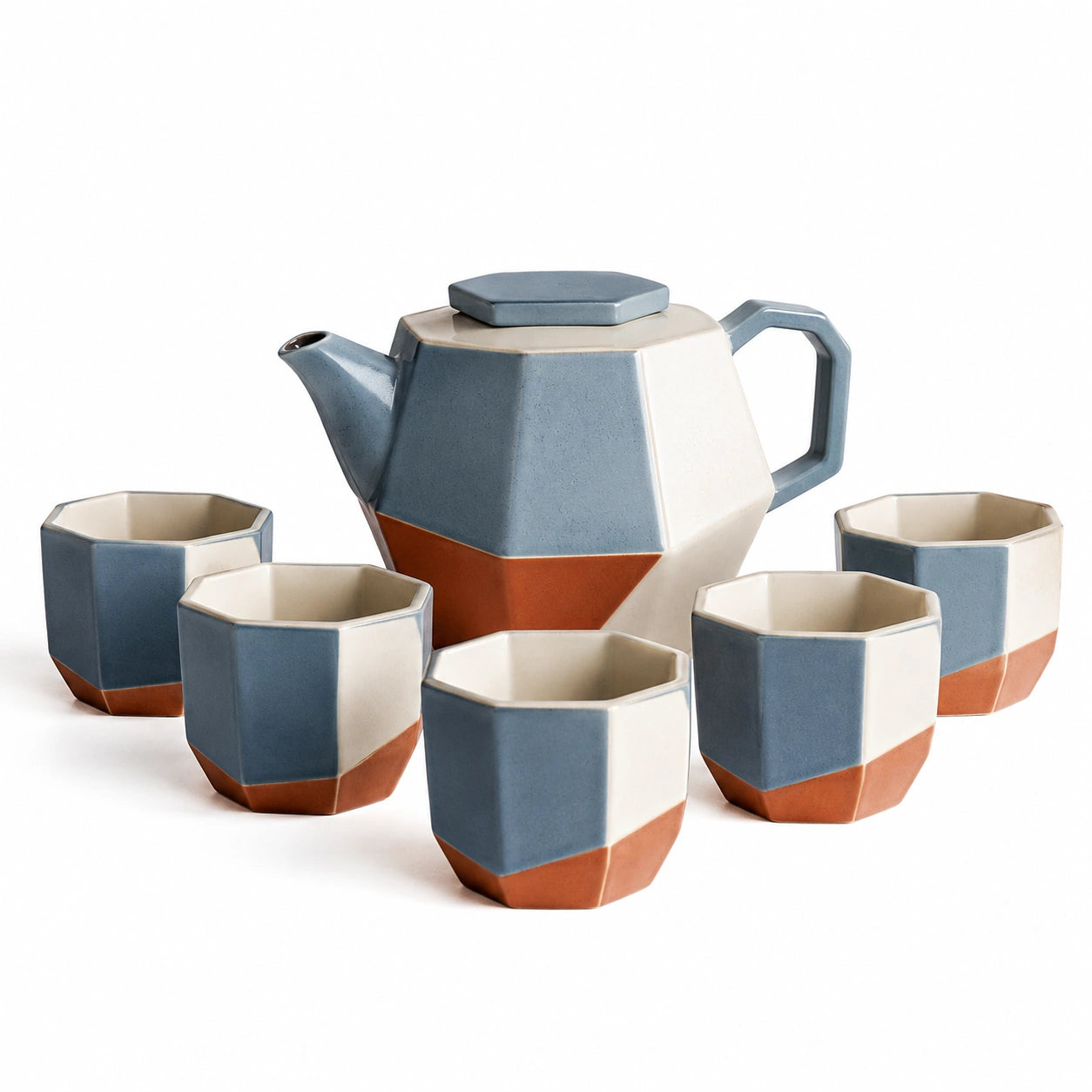 Geometrisches Teeservice Set in Blau, Weiß und Braun