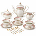 Porzellan Teeservice Set 15-teilig mit floralen Mustern in Rosa und Gold