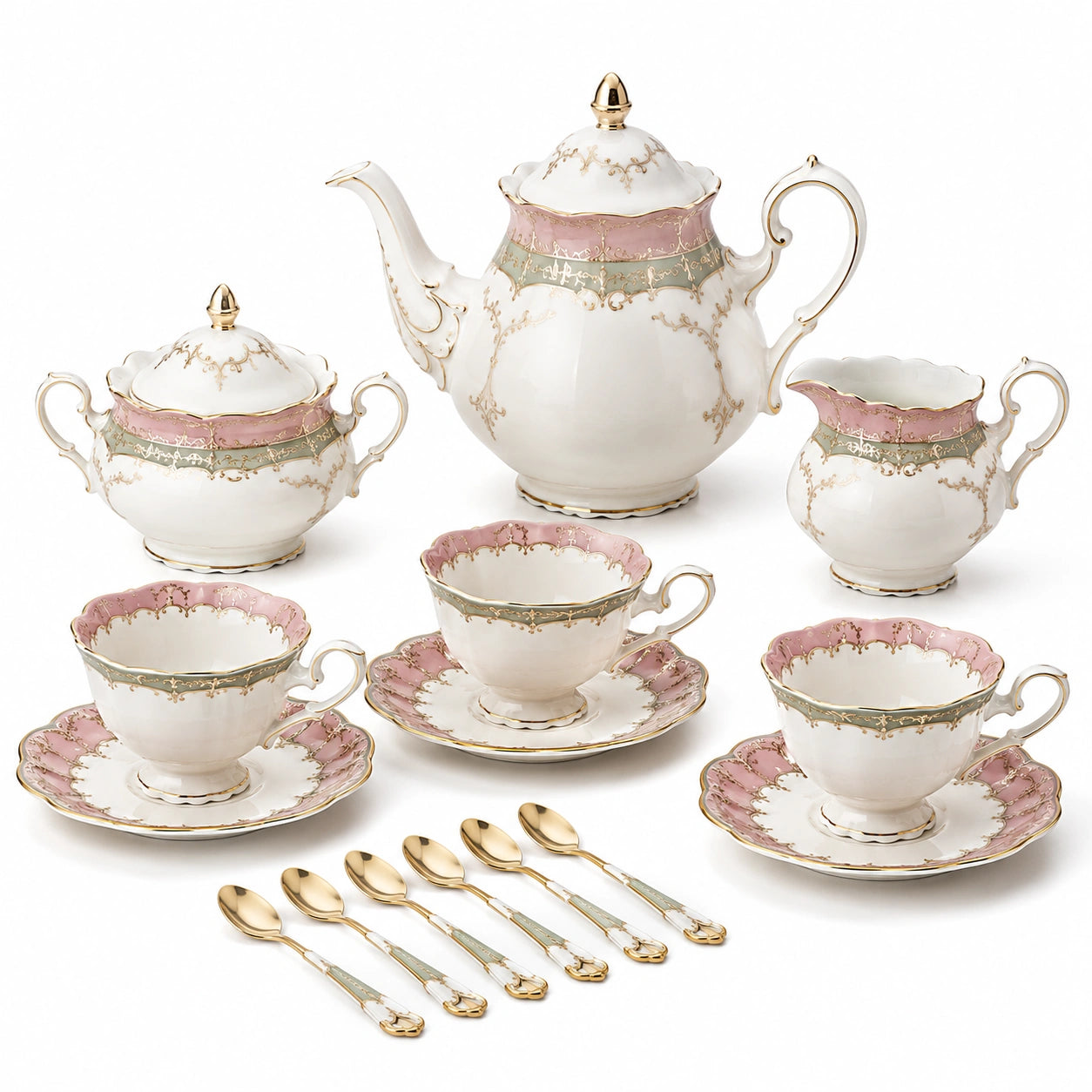 Porzellan Teeservice Set 15-teilig mit floralen Mustern in Rosa und Gold