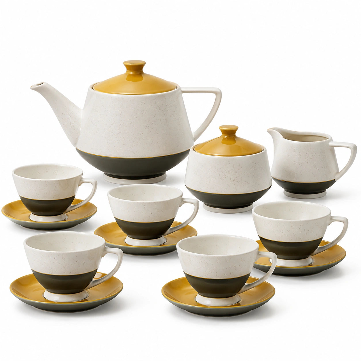 13-teiliges Teeservice aus Keramik in Beige, Gelb und Schwarz