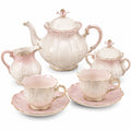 Porzellanteeservice im Vintage-Stil mit Goldakzenten, Rosa/Weiß
