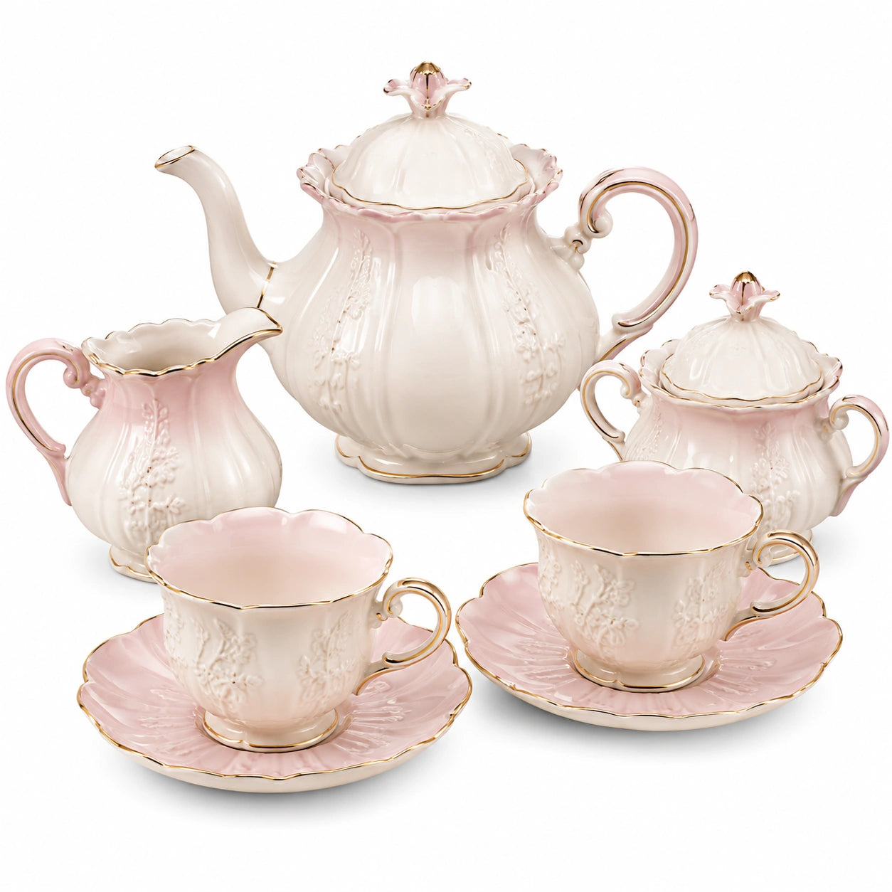 Porzellanteeservice im Vintage-Stil mit Goldakzenten, Rosa/Weiß