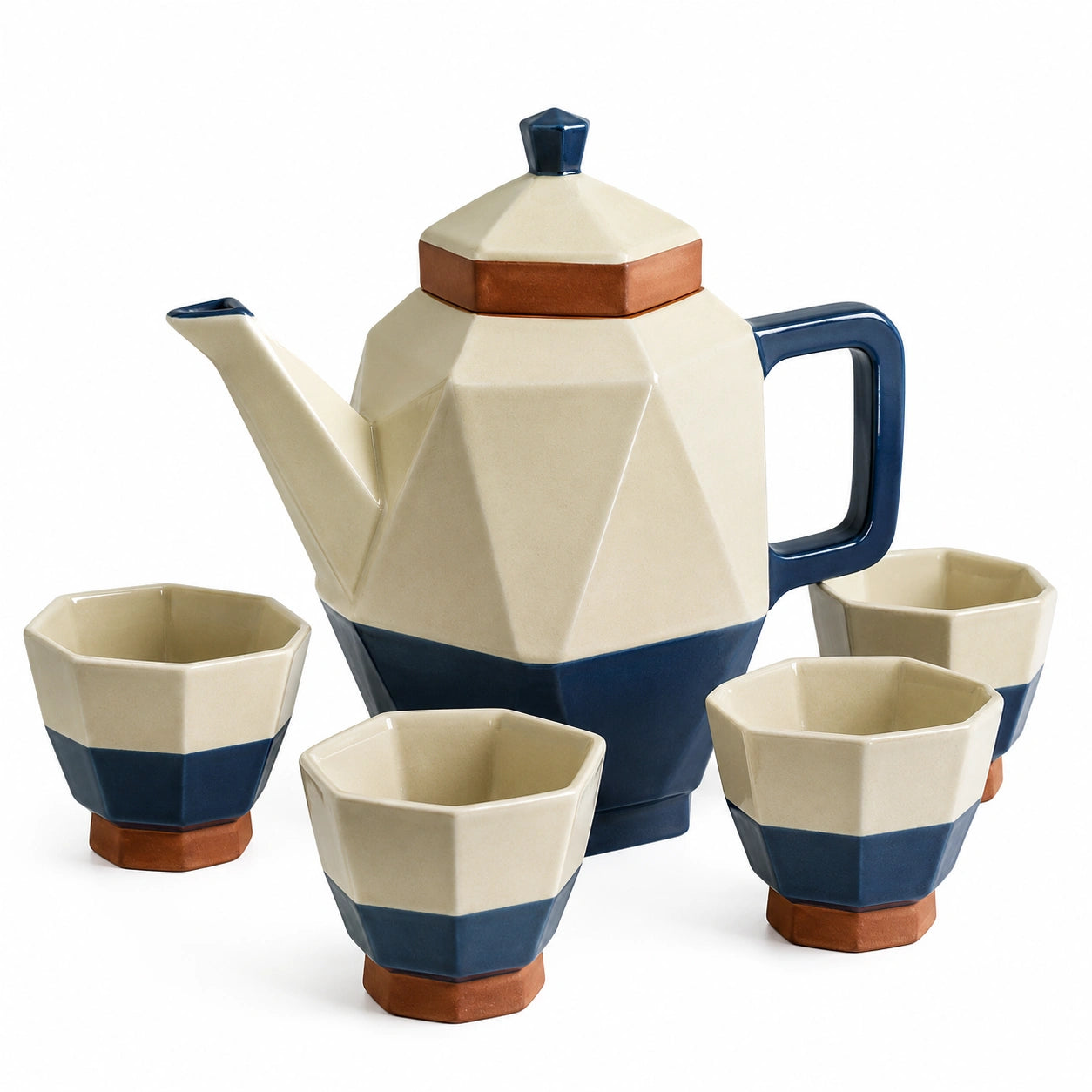 Geometrisches 5-teiliges Kaffee- und Teeservice Blau/Beige 1200 ml