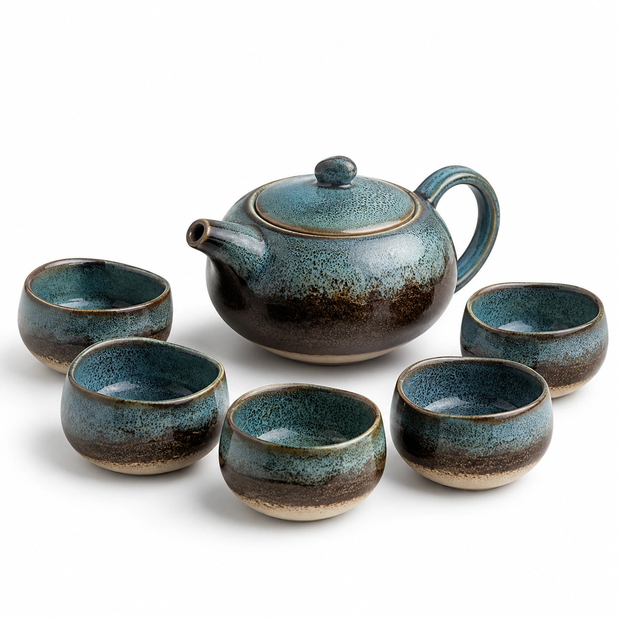 Handgefertigtes Keramik Teeservice Set 6-teilig Blau/Braun