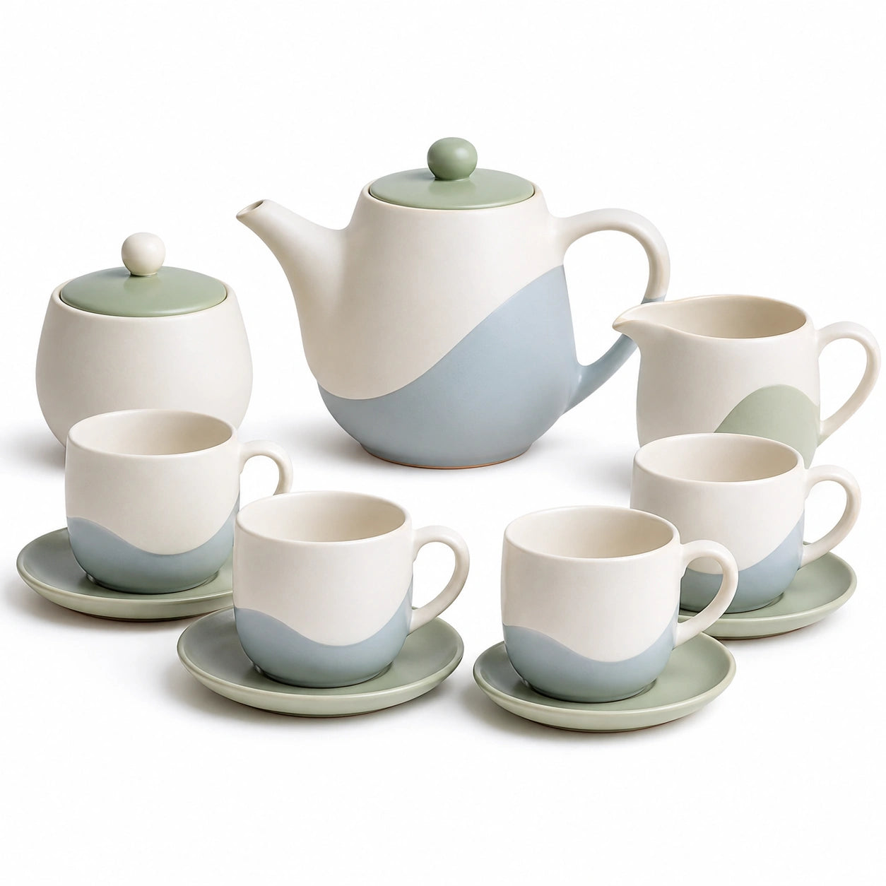 Keramik-Teeservice mit Kanne, Tassen und Untertassen in Grün/Blau