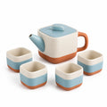 Quadratisches Keramik-Teeservice mit Teekanne und 4 Tassen in Blau/Weiß/Orange
