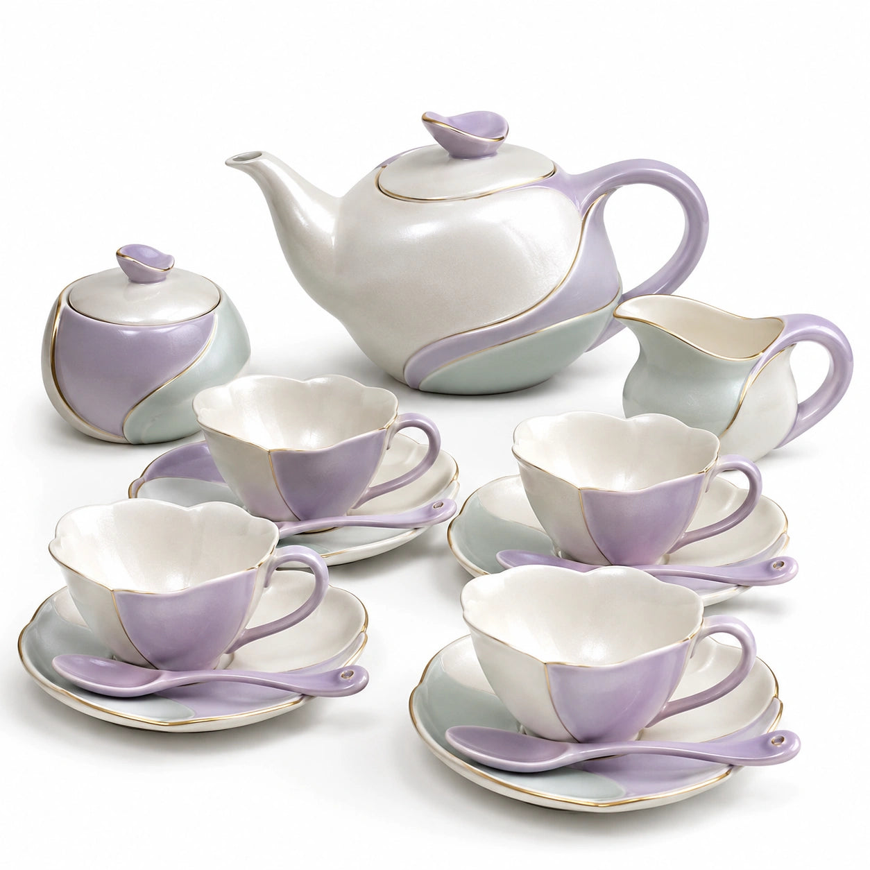 Elegantes Teeservice aus Keramik, Flieder/Weiß, 15-teilig