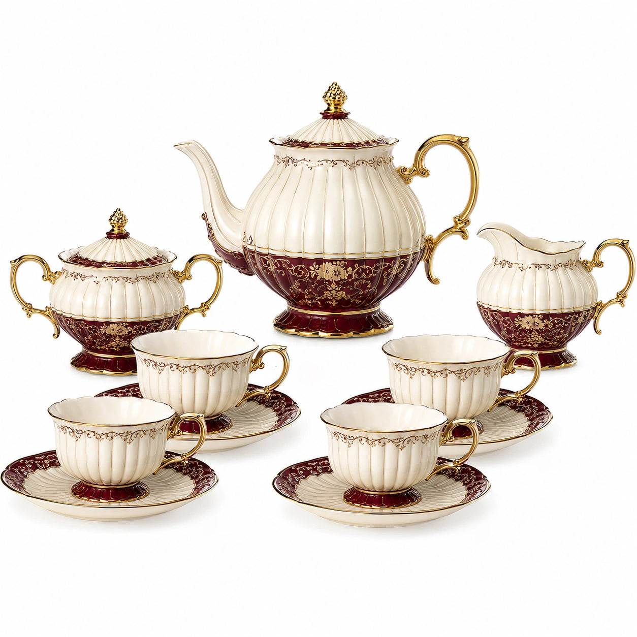 Porzellan Teeservice für 4 Personen, Elfenbein/Bordeaux/Gold