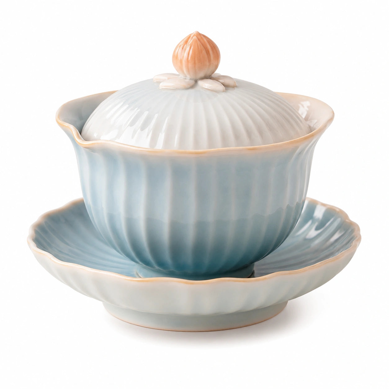 Teeschale mit Deckel und Untertasse in Blau und Weiß