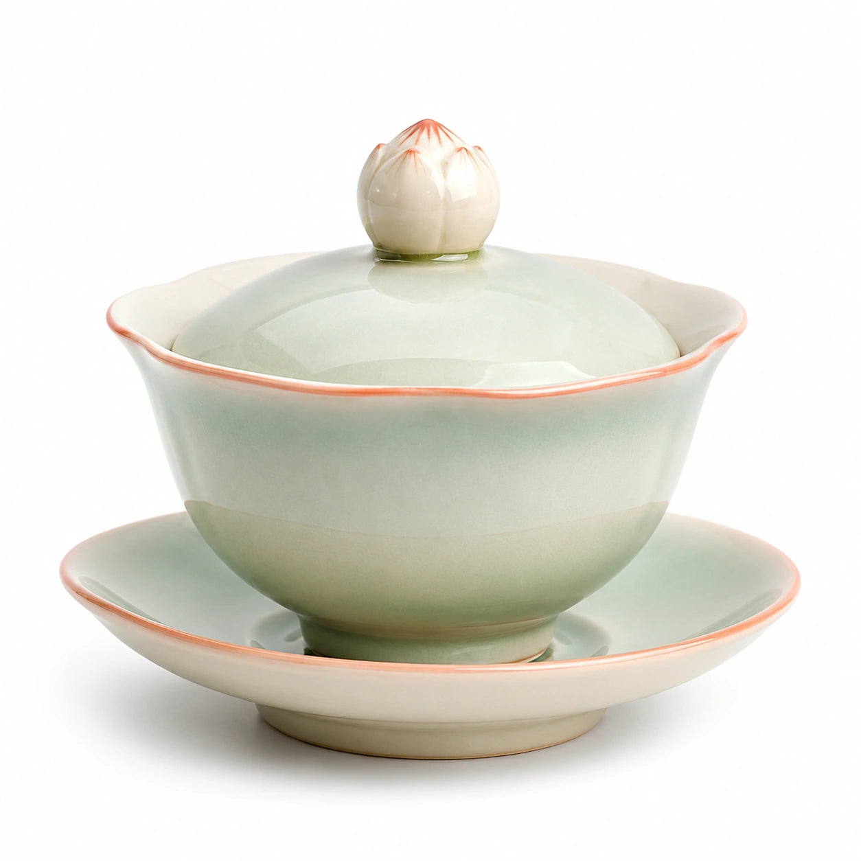 Keramik Teetassenset mit Lotusdeckel und Untertasse in Grüner Farbgebung
