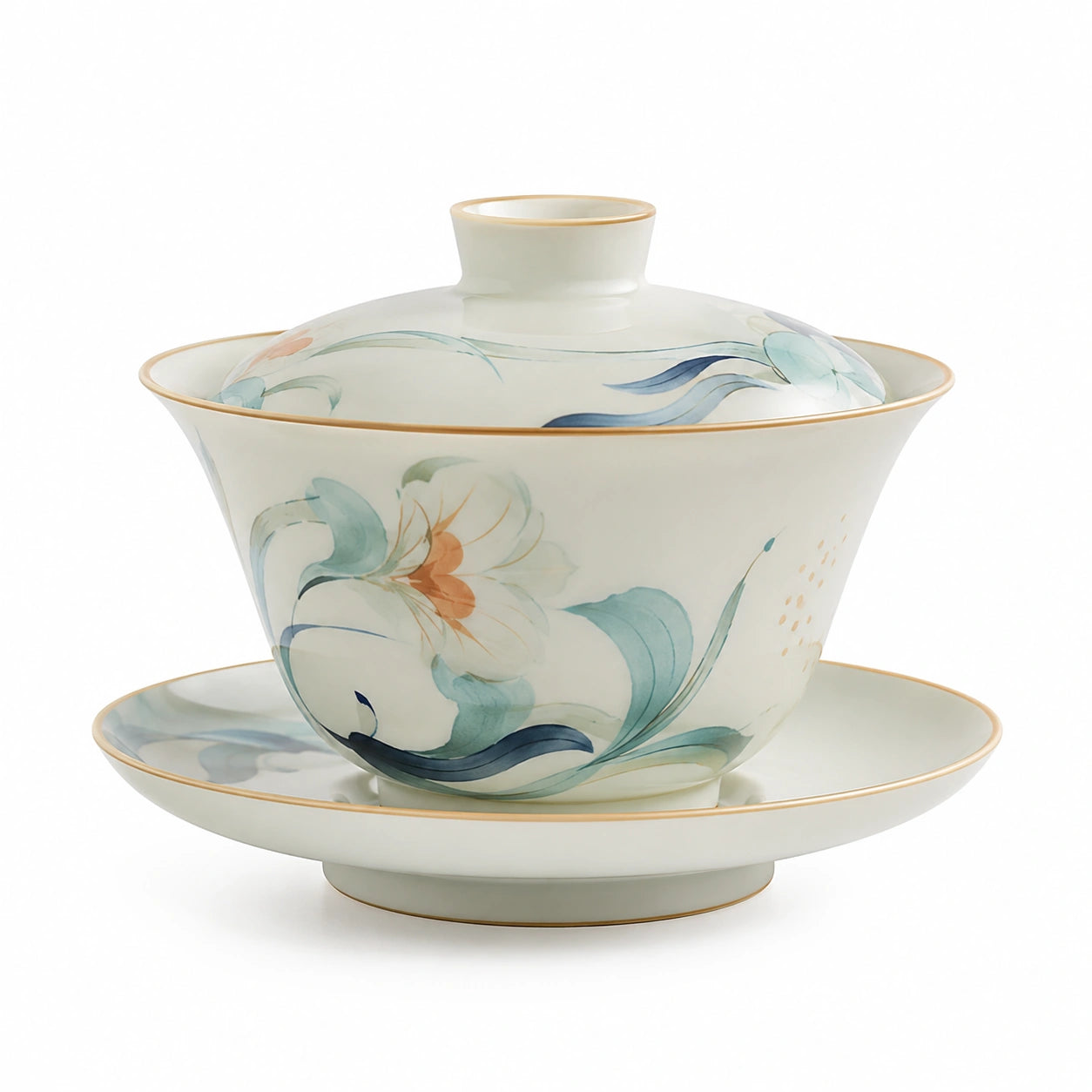 Handbemalter Porzellan Gaiwan mit Deckel und Untertasse - Florales Muster