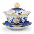 Porzellan Suppenschüssel mit Deckel und Untertasse, Blumenmuster Blau/Gold