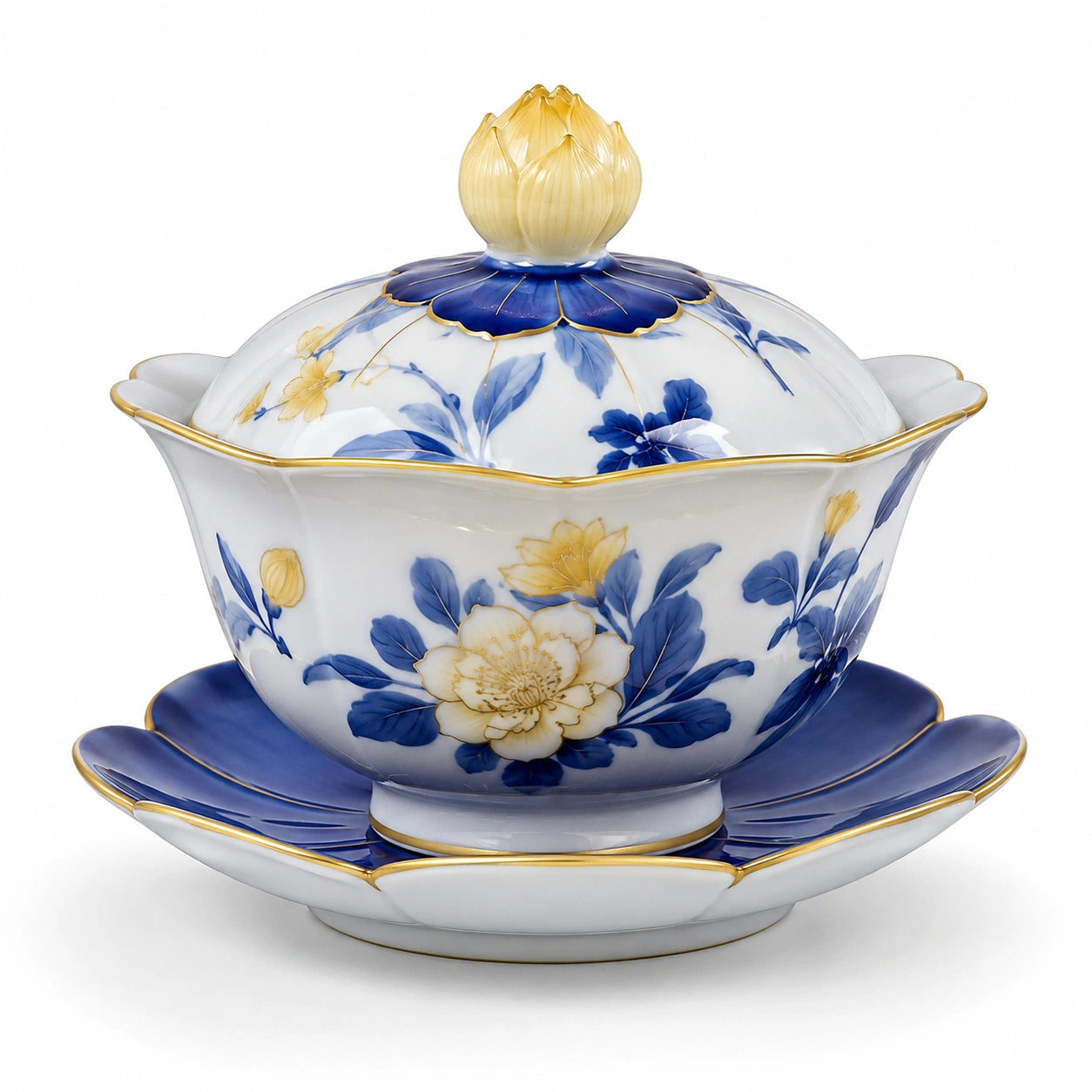 Porzellan Suppenschüssel mit Deckel und Untertasse, Blumenmuster Blau/Gold