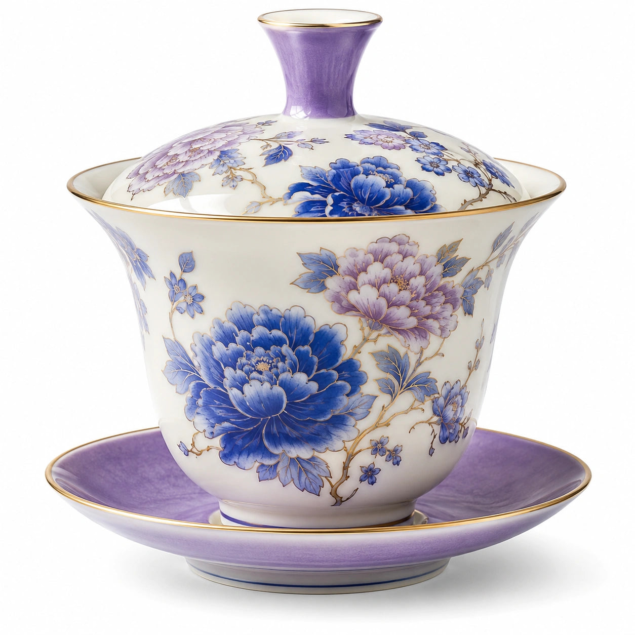 Gaiwan aus Porzellan mit Blumendekor Lila/Blau