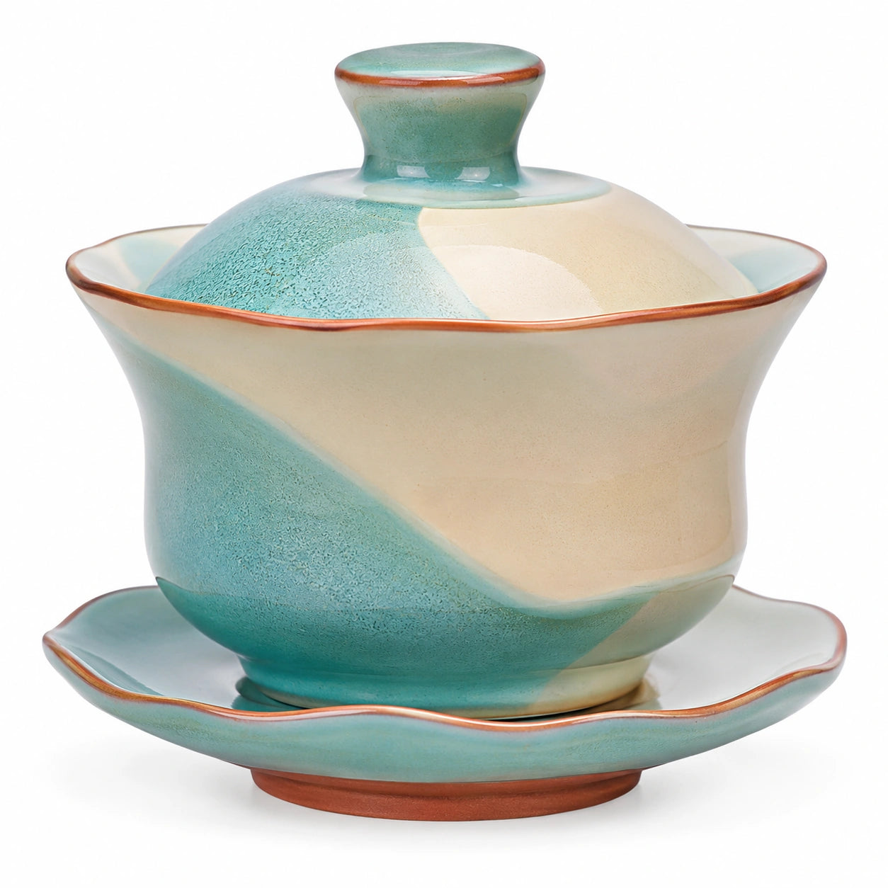 Handbemalte Keramik Gaiwan Set, 400ml, Türkis und Creme