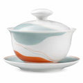 Porzellan Gaiwan Set mit Deckel und Untertasse in Weiß-Blau-Orange