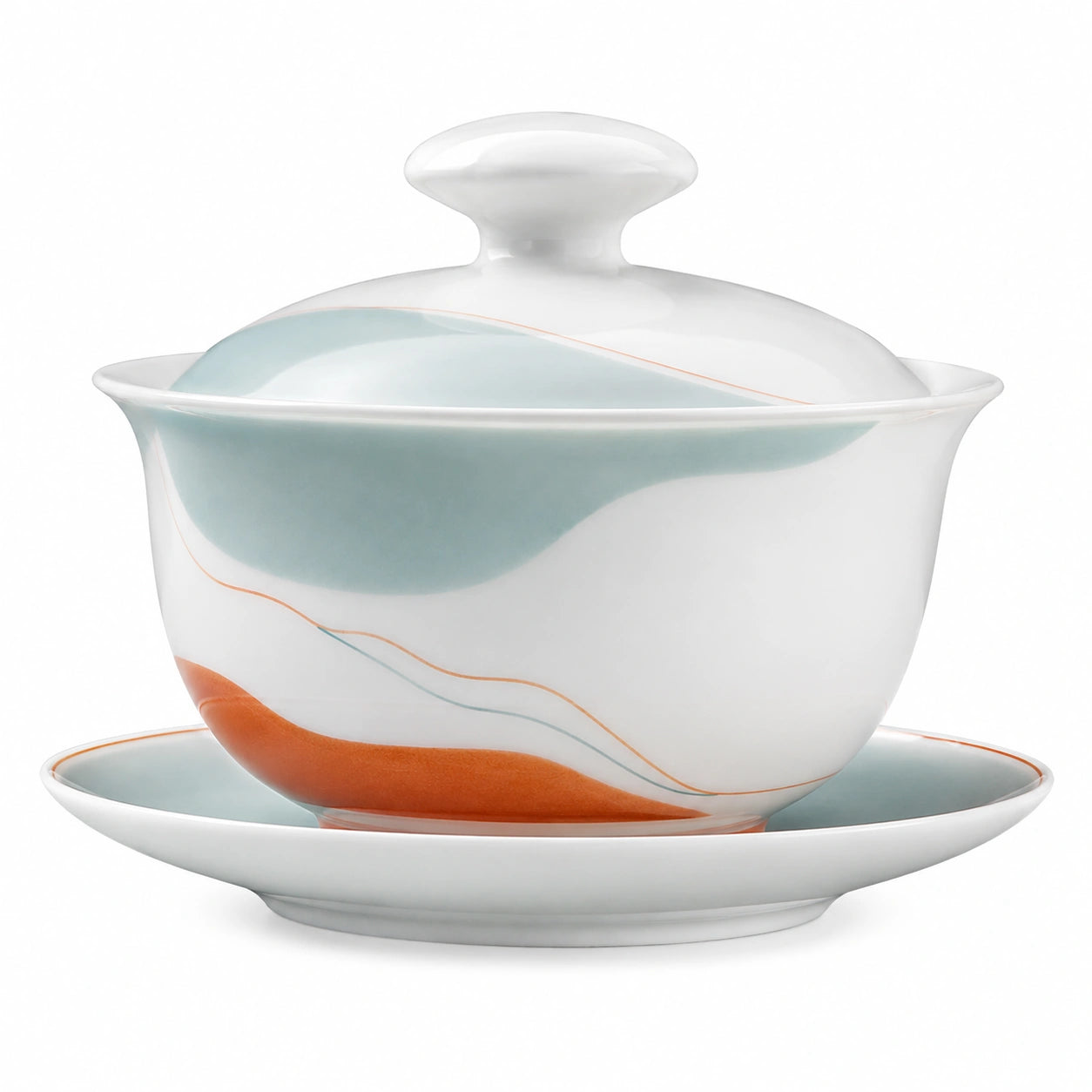 Porzellan Gaiwan Set mit Deckel und Untertasse in Weiß-Blau-Orange