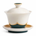 Elegante Porzellan-Teetasse mit Deckel und Untertasse, Creme/Grün/Gold, 150ml
