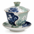 Elegante Porzellan-Teeschale mit Deckel, Blumenmuster Blau/Grün, 200 ml
