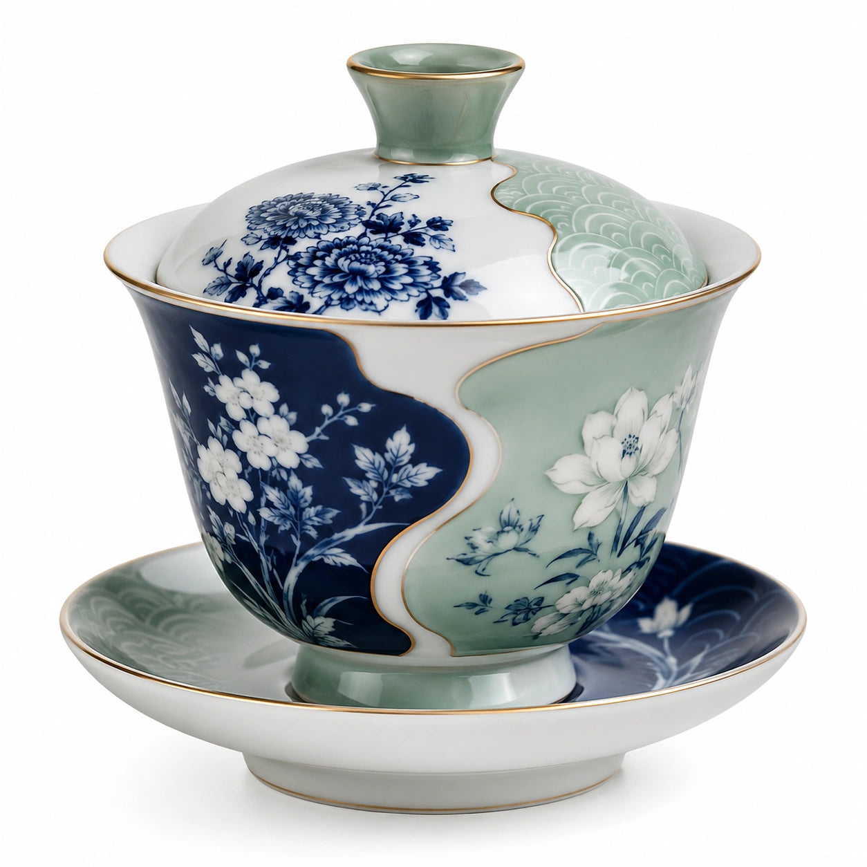 Elegante Porzellan-Teeschale mit Deckel, Blumenmuster Blau/Grün, 200 ml