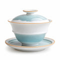 Handgefertigtes Gaiwan Set Weiß/Blau mit Goldrand