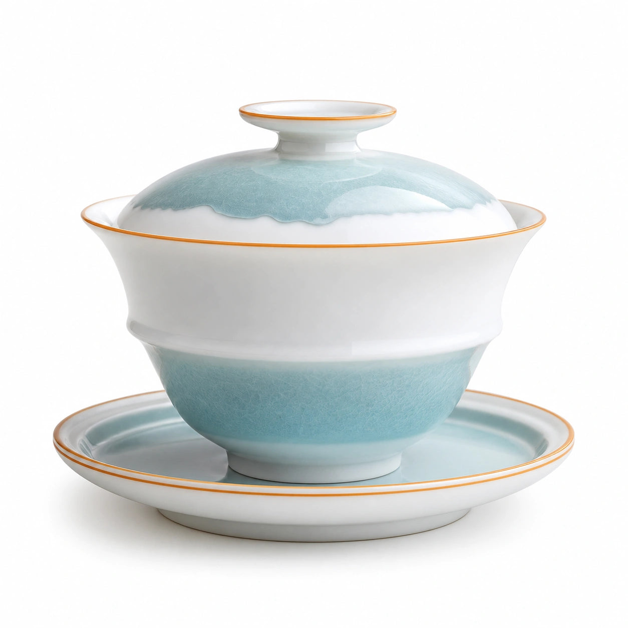 Handgefertigtes Gaiwan Set Weiß/Blau mit Goldrand