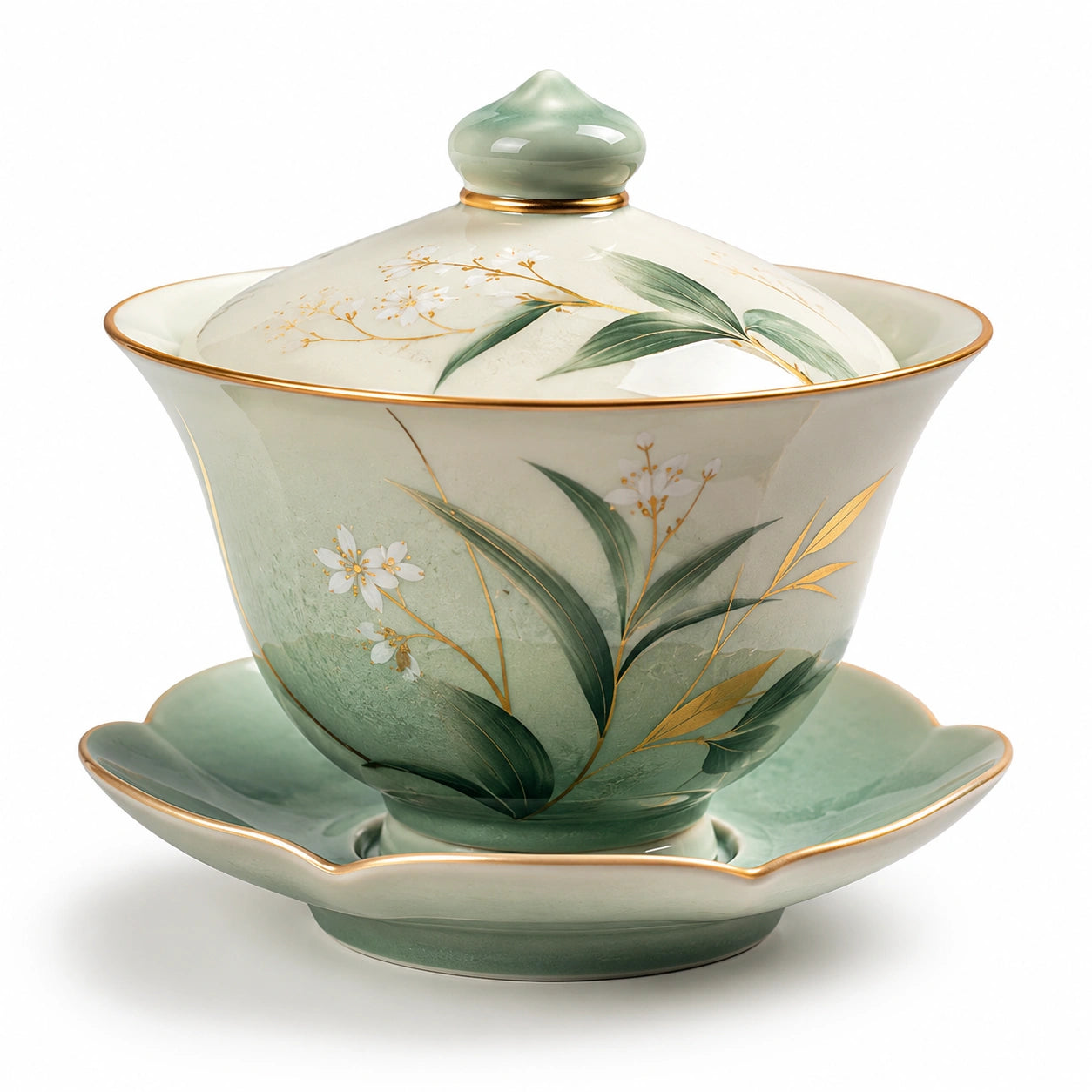 Porzellan-Teeschale mit Deckel und Untertasse, Florales Design, Grün/Weiß/Gold