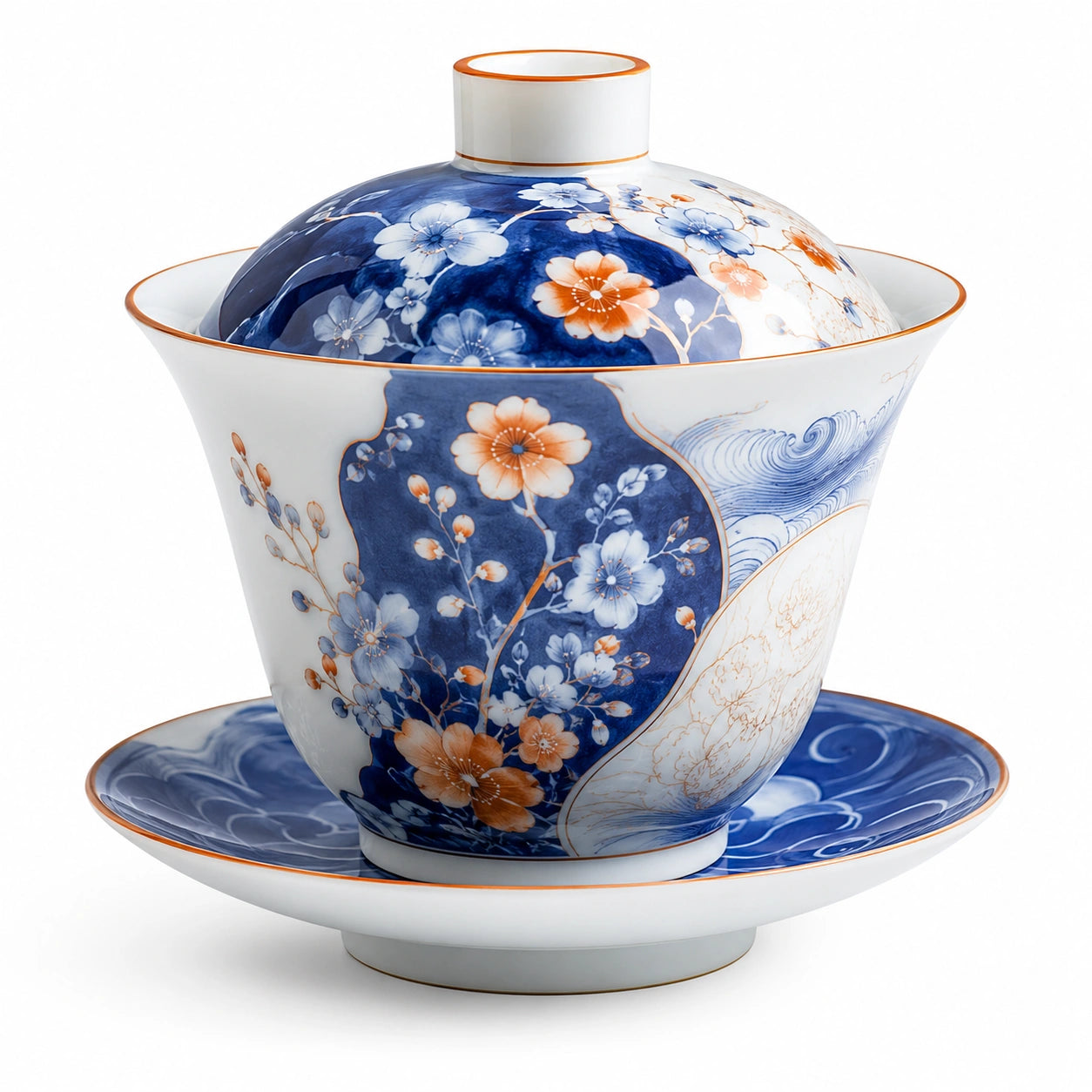 Teetasse mit Untertasse und Deckel, Blau/Weißes Blumenmuster, 300ml