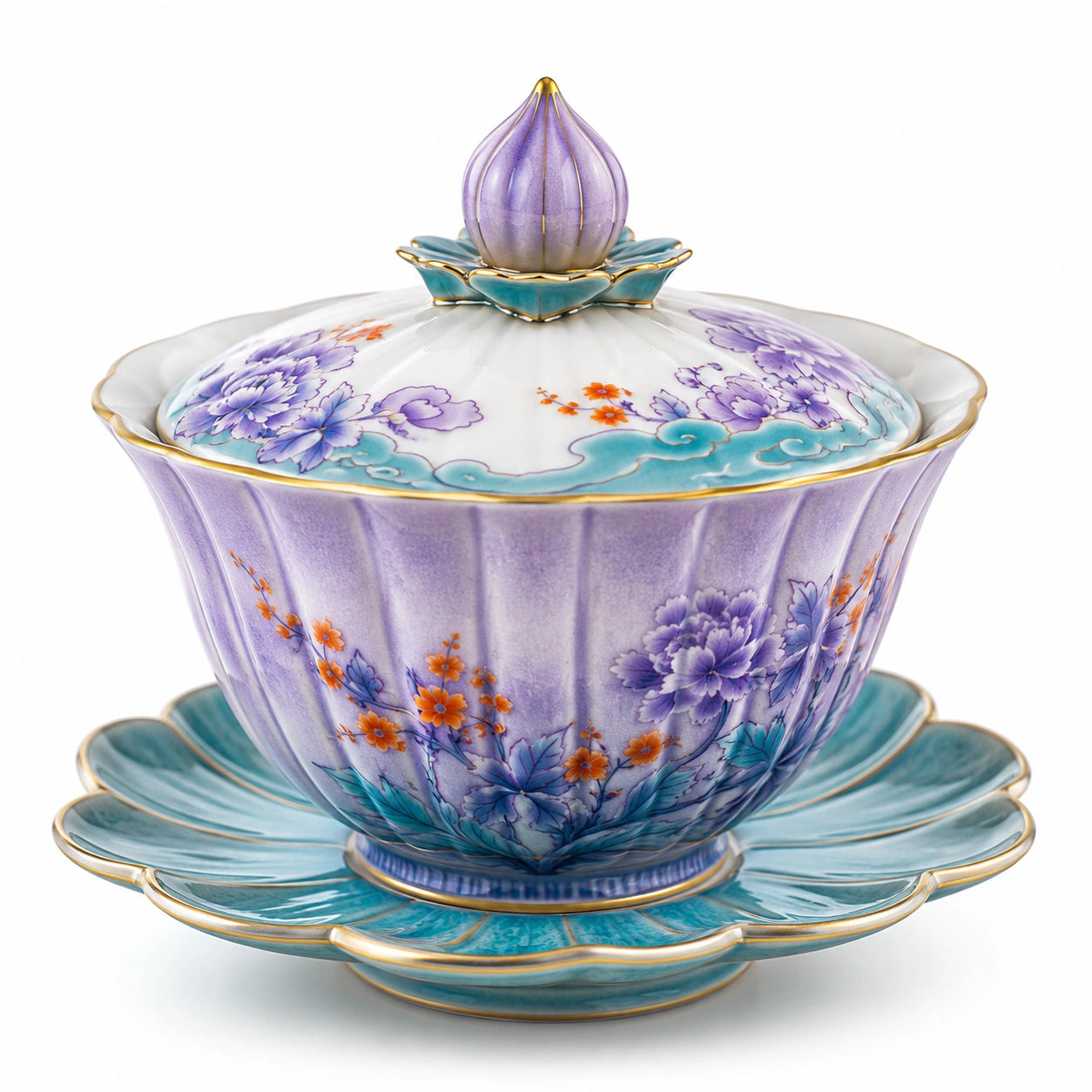 Porzellan Teeschale mit Deckel und Untersetzer, Handbemalt, Lila Blumenmuster