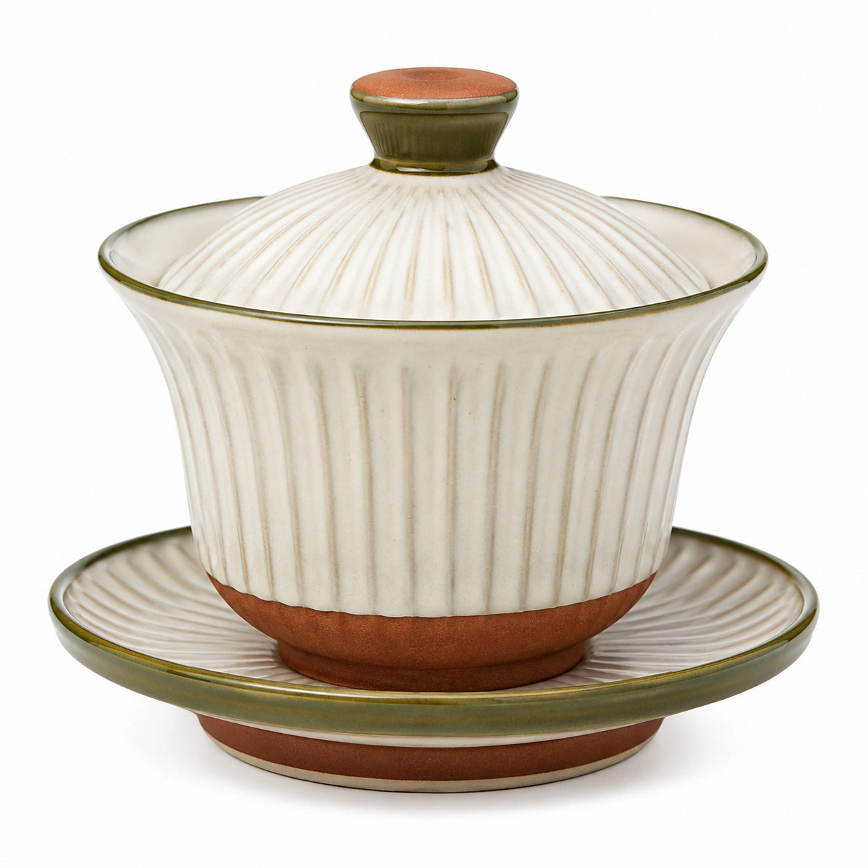 Traditionelle Teeschale mit Deckel und Untertasse in Weiß/Grün