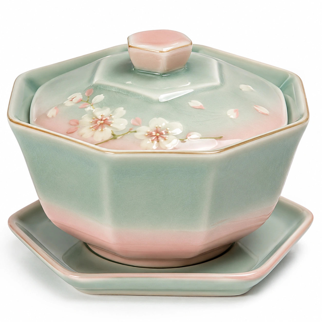 Teetasse Set mit Deckel und Untertasse, Pastellrosa und Grün, Kirschblütenmuster