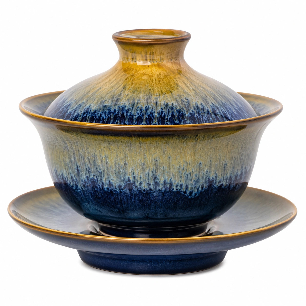 Handgefertigtes Gaiwan-Teeset mit Farbverlauf in Blau und Gelb