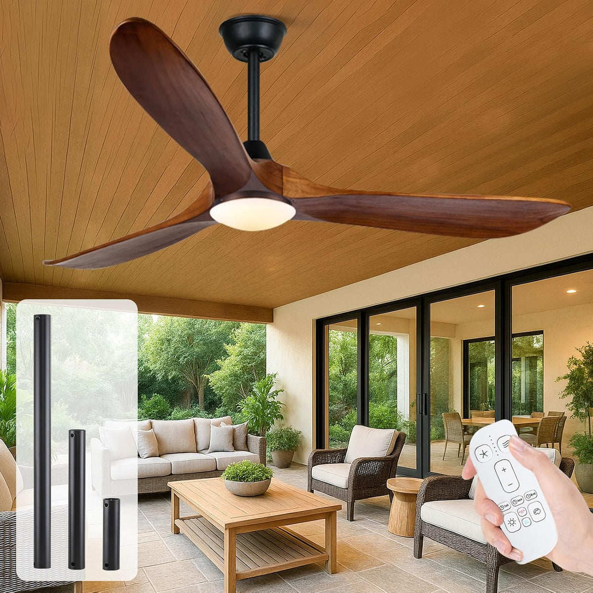 OUENGK Deckenventilator, 132 cm, Weiß, 52-Zoll- aus Holz mit Licht und Fernbedienung, moderner Outdoor- mit leisem DC-Motor