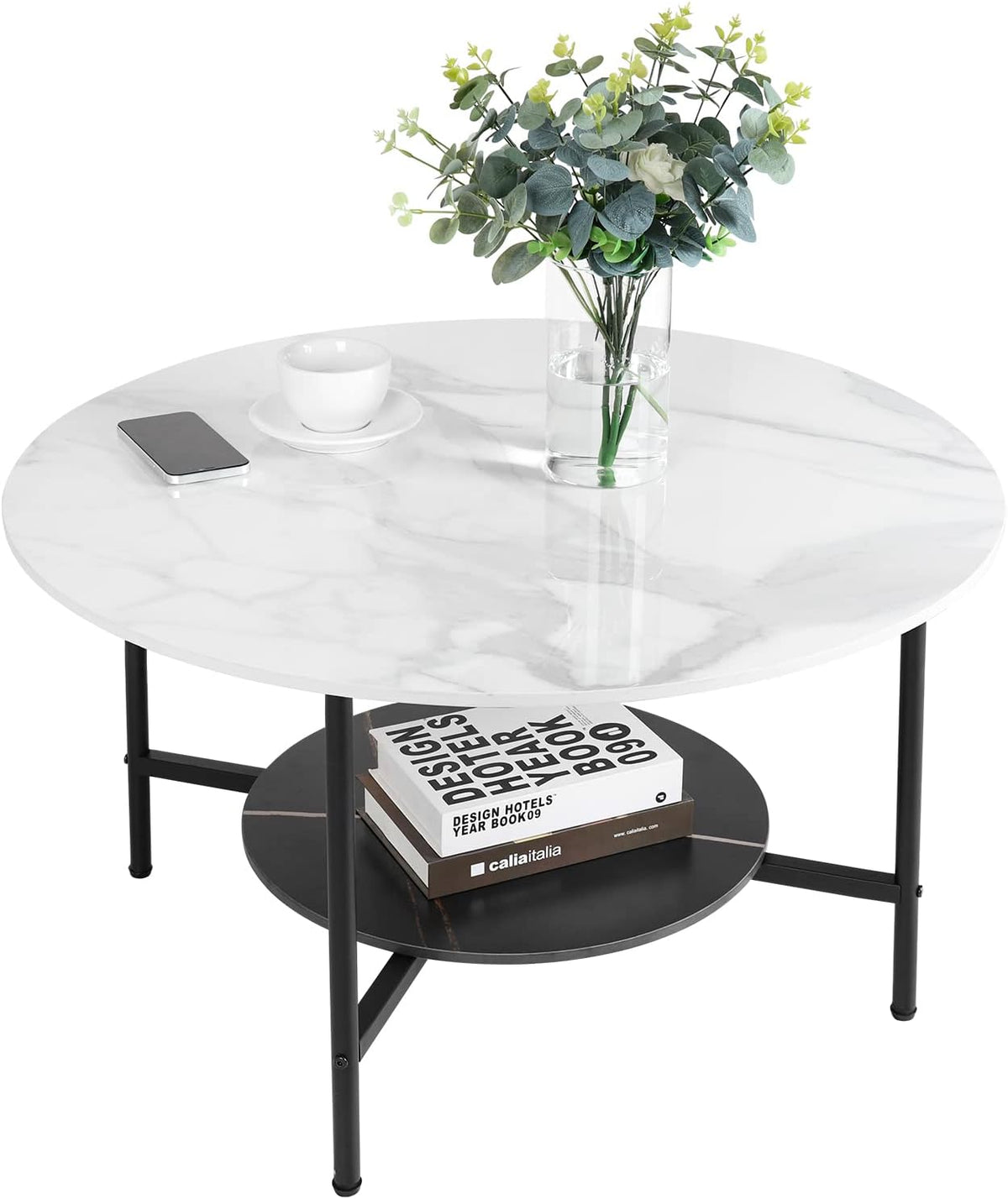 FATIVO Sofa, 80×80×47.5 cm, 80x80 cm, Weiß/Schwarz, Couchtisch Weiß Tisch Rund Wohnzimmer Marmor, für Wohnzimmer