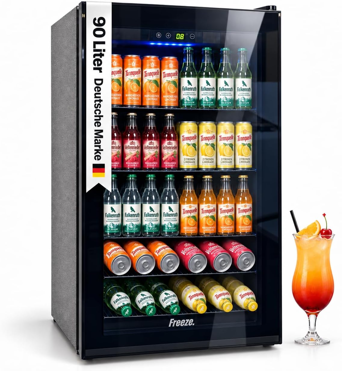FREEZE. Getränkekühlschrank, 90 L, Schwarz, Mini-Kühlschrank für 126 Dosen, Glastürkühlschrank, Weinkühler, frostfrei