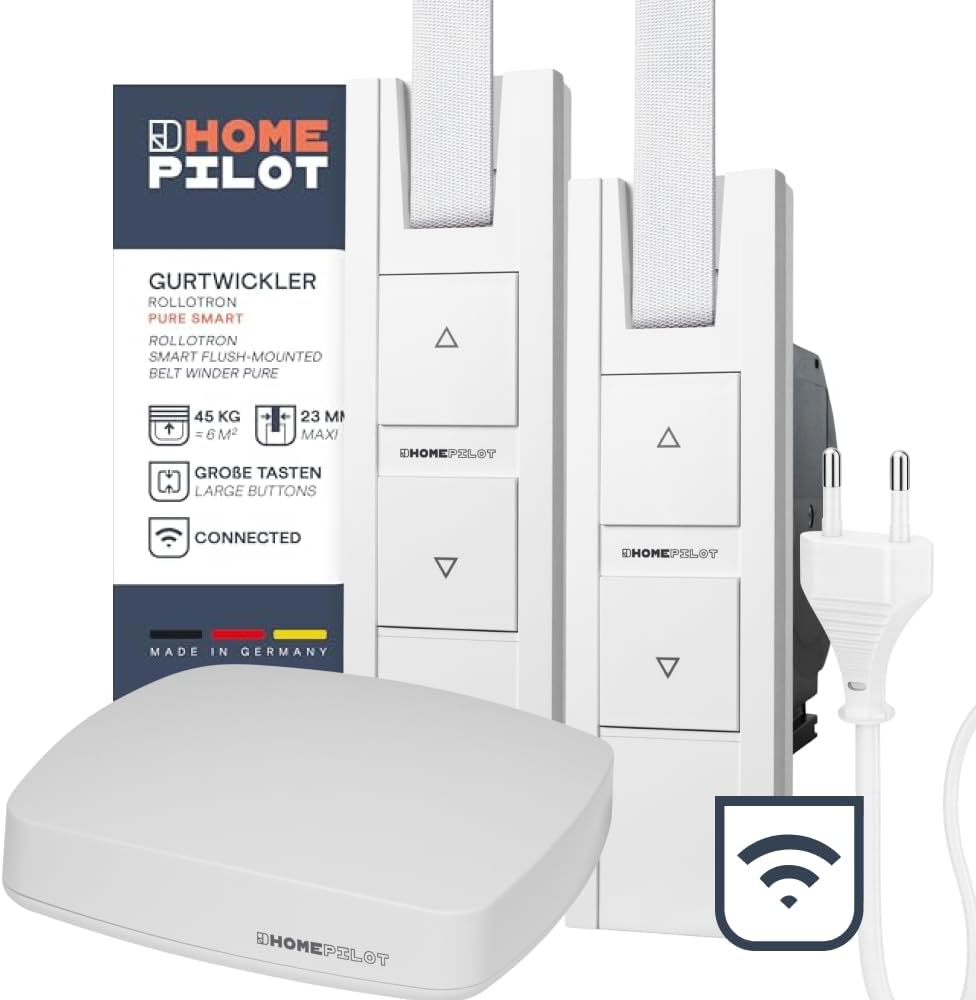 Home Pilot Rollladenschalter, Grau, Rollladen Starter-Set Pure smart, 2x RolloTron elektrischer Gurtwickler + Smart Zentrale