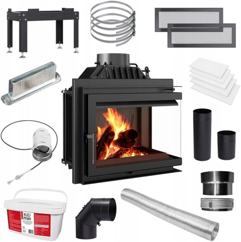 kratki Kaminofen, 200 mm, 8 kW, schwarz/silber, Simple Kamineinsatz Ø, Eckiger Holzofen mit doppelseitiger Sichtscheibe - BImSchV