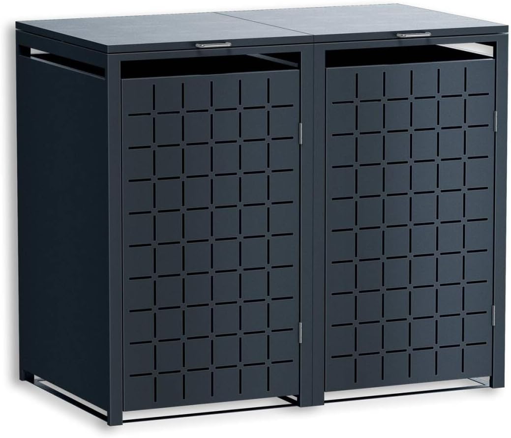 Metzler Mülltonnenbox, 240 L, Anthrazit, 2er mit Quadratmuster, Metall Mülltonnenverkleidung für 2 Tonnen abschließbar