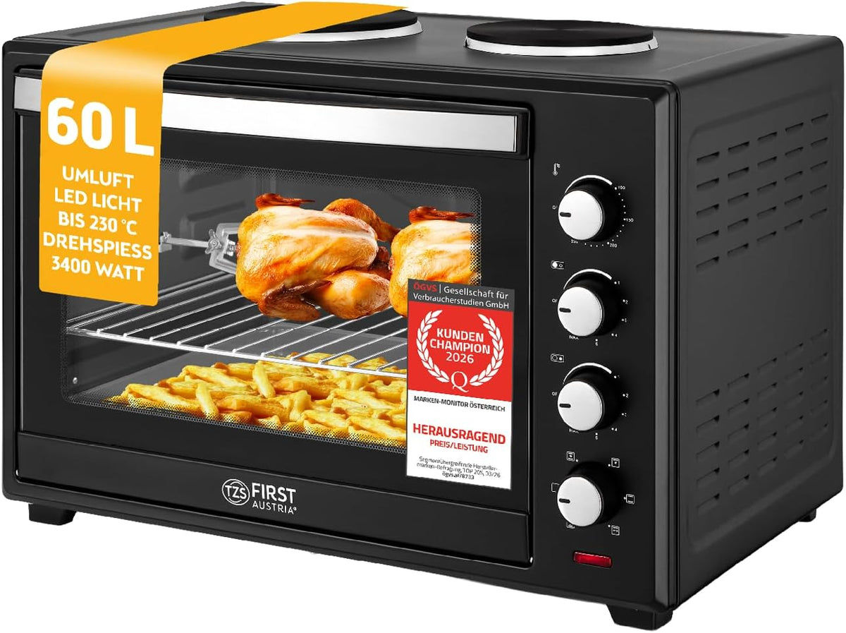 TZS Pizzaofen, 3200 W, 60 L, Schwarz/Silber, First Austria - Minibackofen mit Kochplatten - Mini