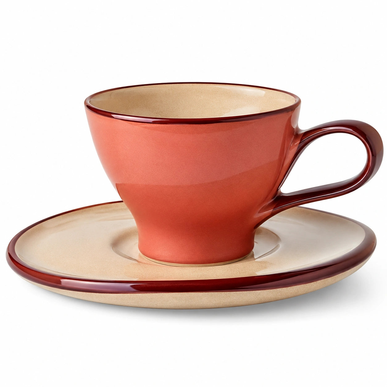 Keramik Kaffeetasse mit Untertasse in Rot und Beige