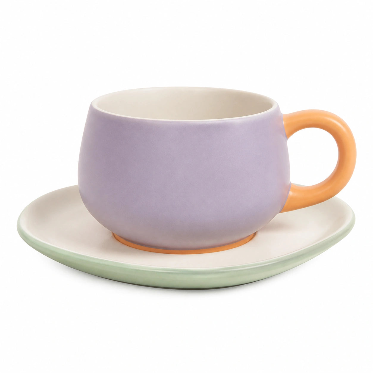 Keramiktasse mit Untertasse in Lila, Orange und Grün