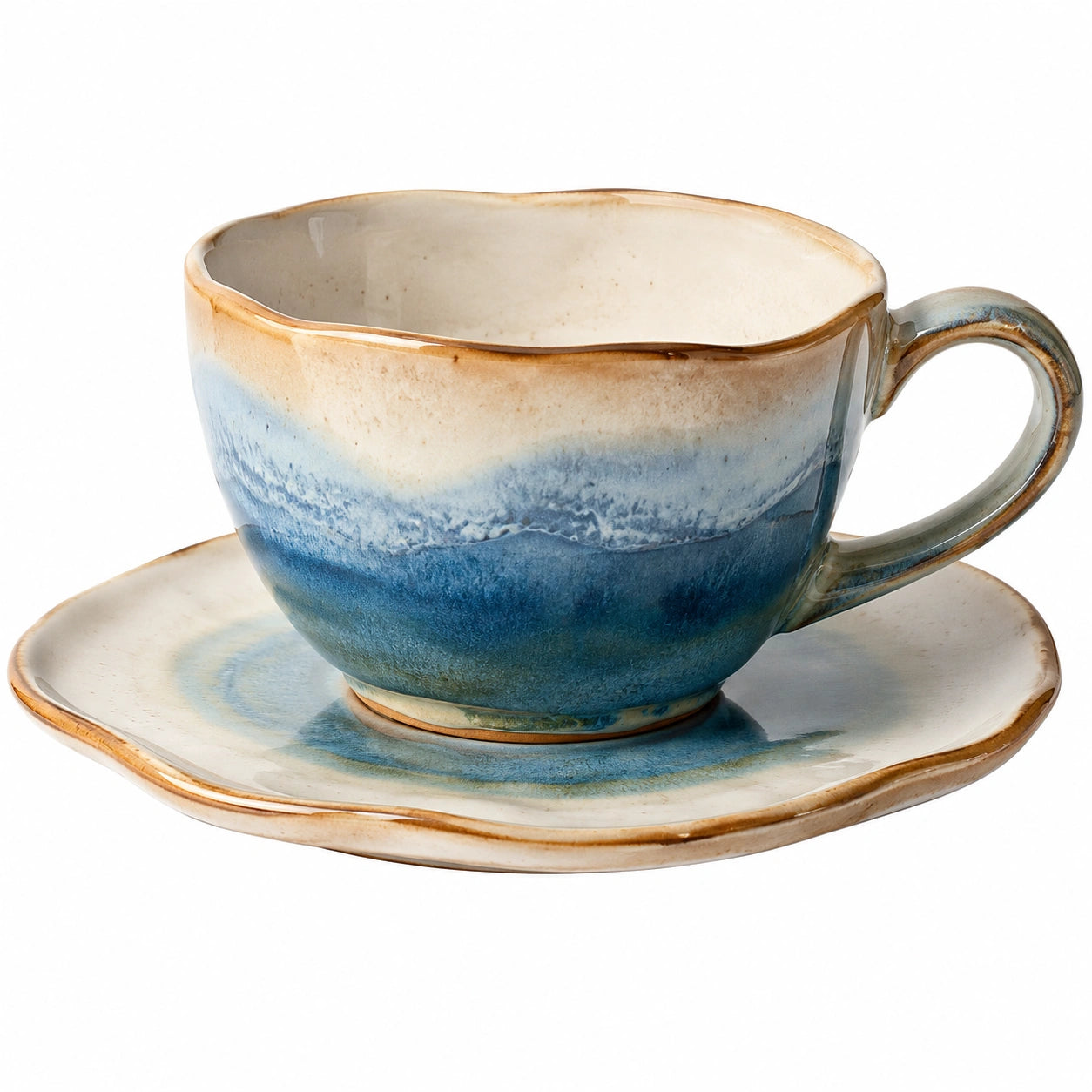 Handgefertigte Keramik-Teetasse mit Untertasse Wellenmuster Blau/Beige