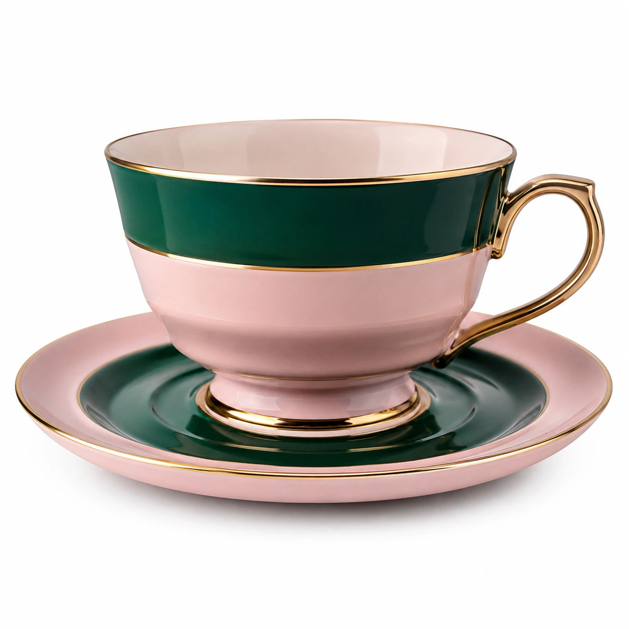 Elegante Tasse mit Untertasse in Rosa und Grün, 200 ml