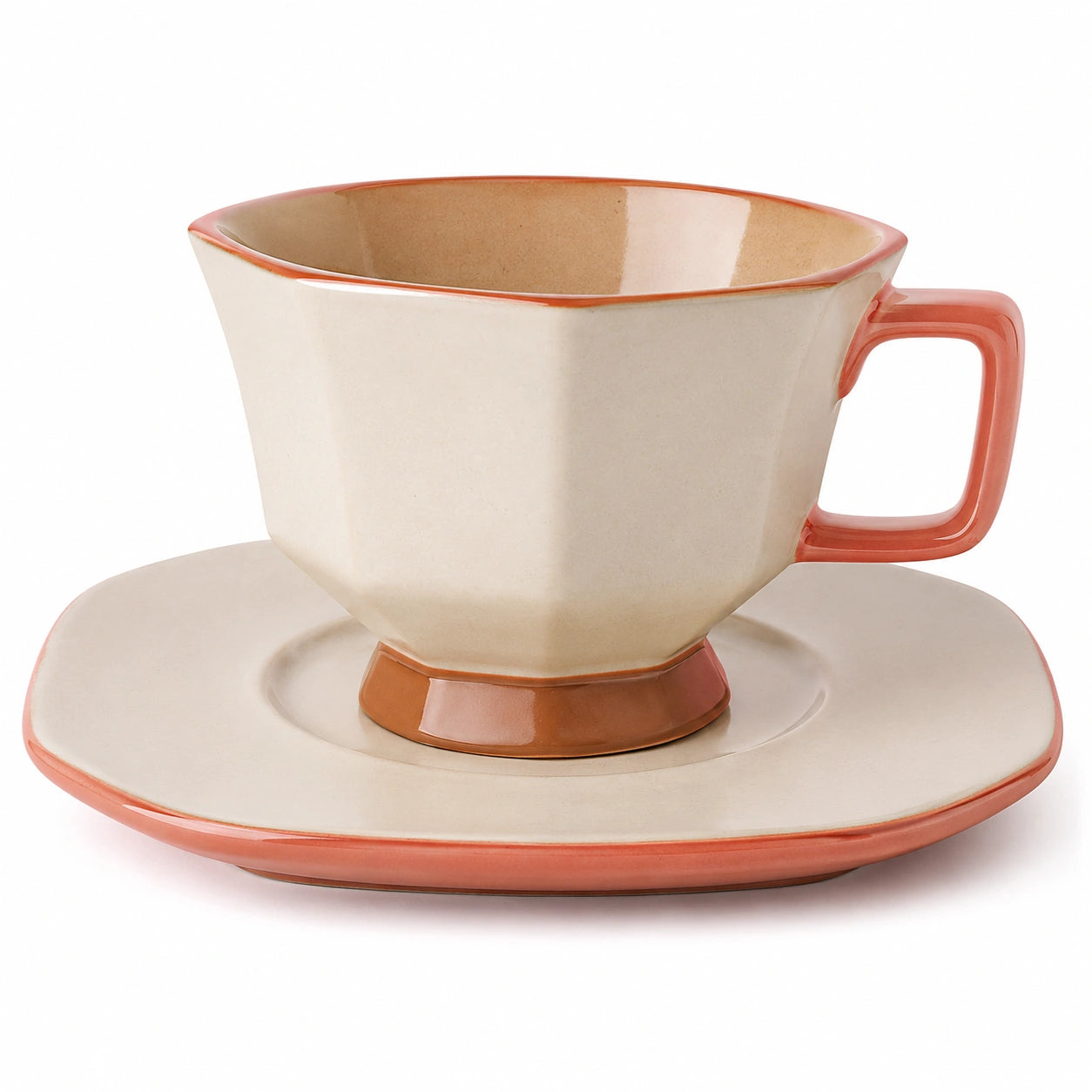 Keramik Kaffeetasse mit Untertasse, Beige und Orange, 250 ml